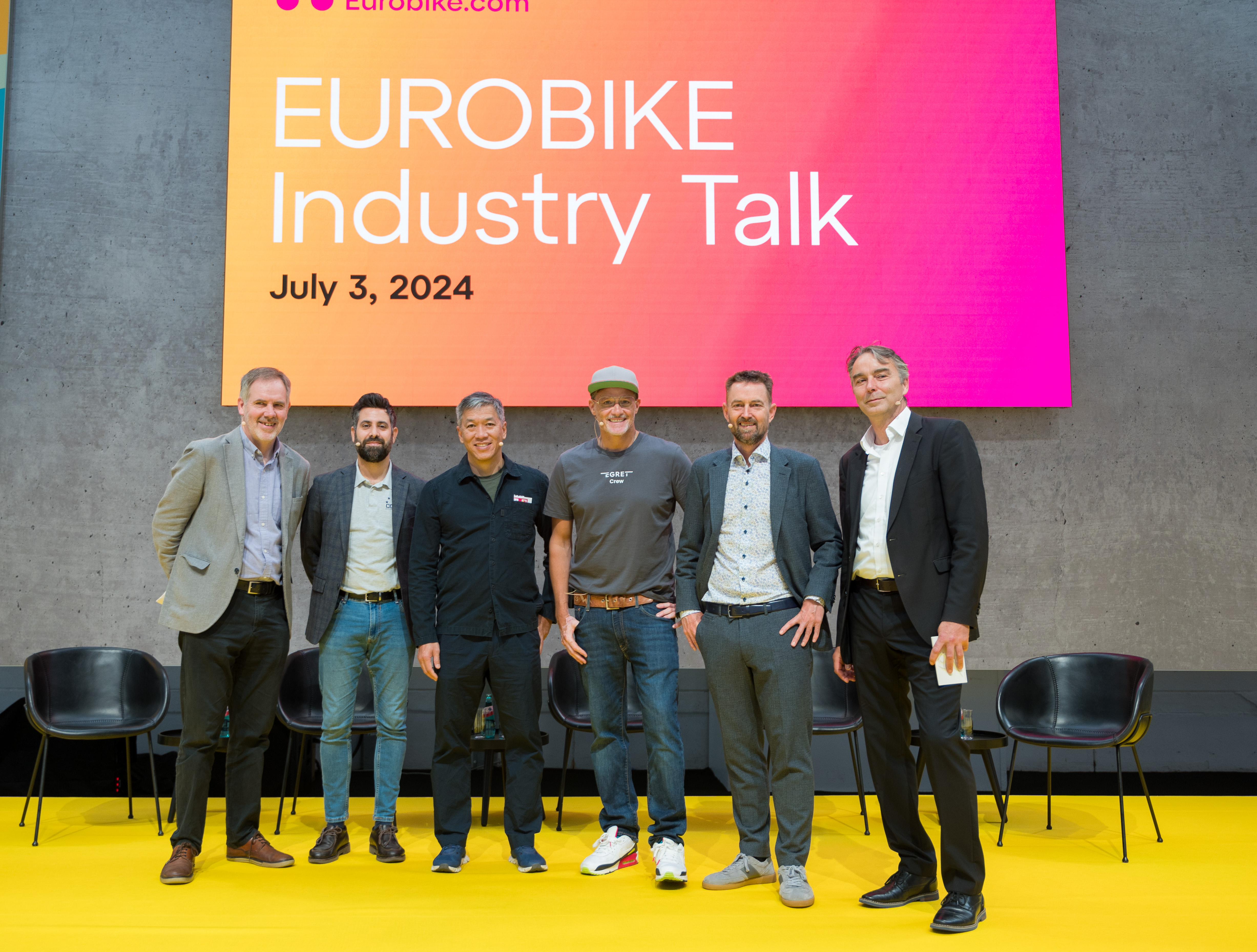 Halle 8: Yellow Stage - Wirtschaftspressekonferenz 2024, Kevin Mayne CEO Cycling Industries Europe, Manuel Marsilio General Manager Confederation of the Europen Bicycle industry ( CONEBI), Joshua Hon , Fonuder Tern Bicycles, Florian Walberg , Founder Egret, Stefan Reisinger CEO fairnamic GmbH