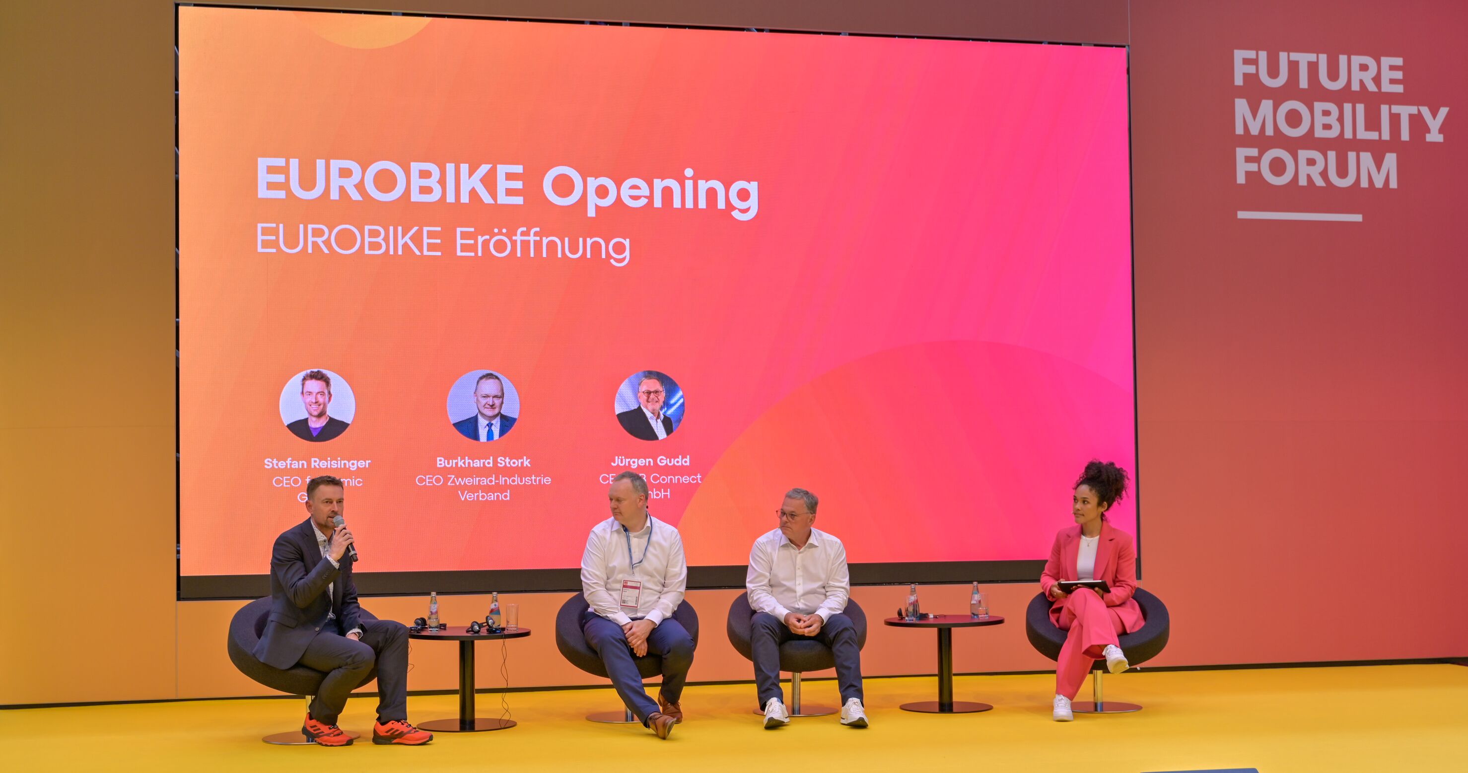Eröffnung Eurobike 2023, Stefan Reisinger, Geschäftsführer fairnamic Gmbh; Burkhard Stork, CEO Zweirad-Industrie Verband, Jürgen Gudd, CEO DB Connect GmbH