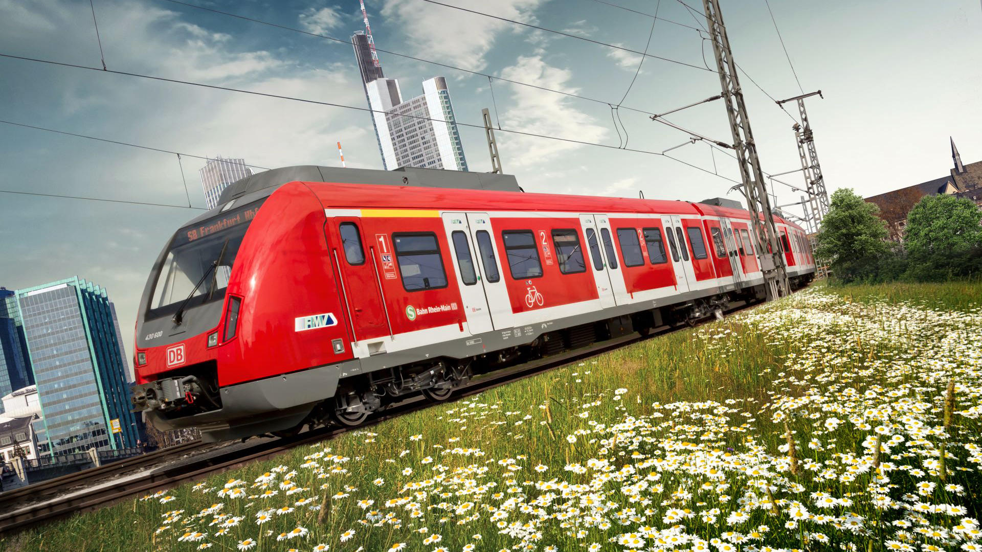 S-Bahn train travels through Frankfurt